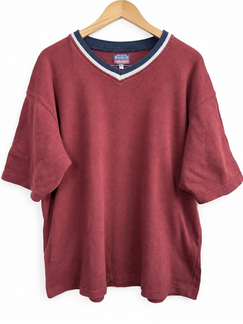 Vintage 90s 100% Cotton BlueNotes Burgundy Ringer V-Neck Shirt XL Made in Canada